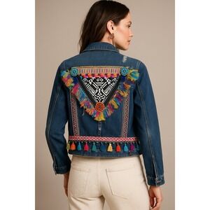 Boho Embroidered Tassel Denim Jacket Festival Tribal Fringe Jean Jacket Womens S